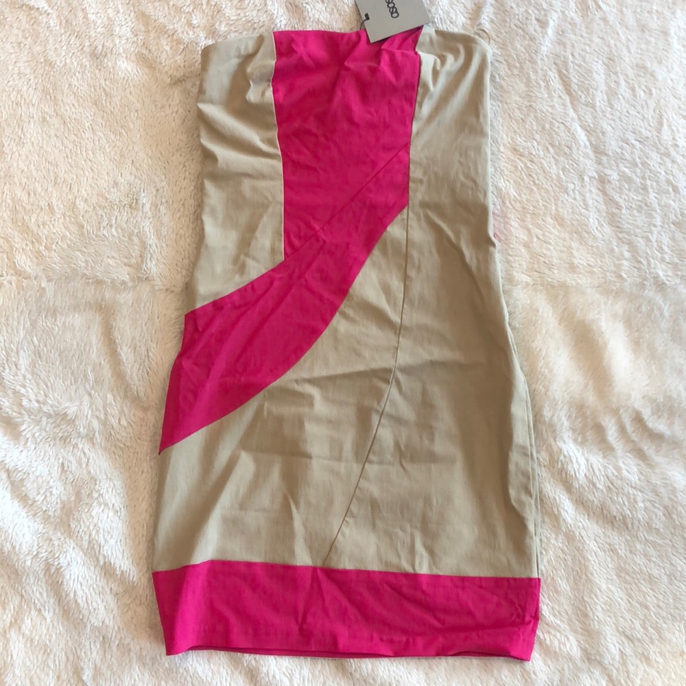 ASOS Strapless Bodycon Color Block Mini Dress Bright Pink & Tan Sz US 4